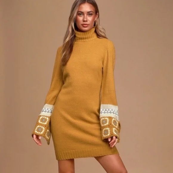 Lulus Dresses & Skirts - ⭐️Lulu’s Groovy Knit Turtleneck Sweater Dress with Granny Square Wide Sleeves⭐️